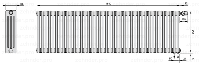 Схема (чертеж) Радиатор Zehnder Charleston 4075/40 №V002 Белый глянцевый RAL 9016